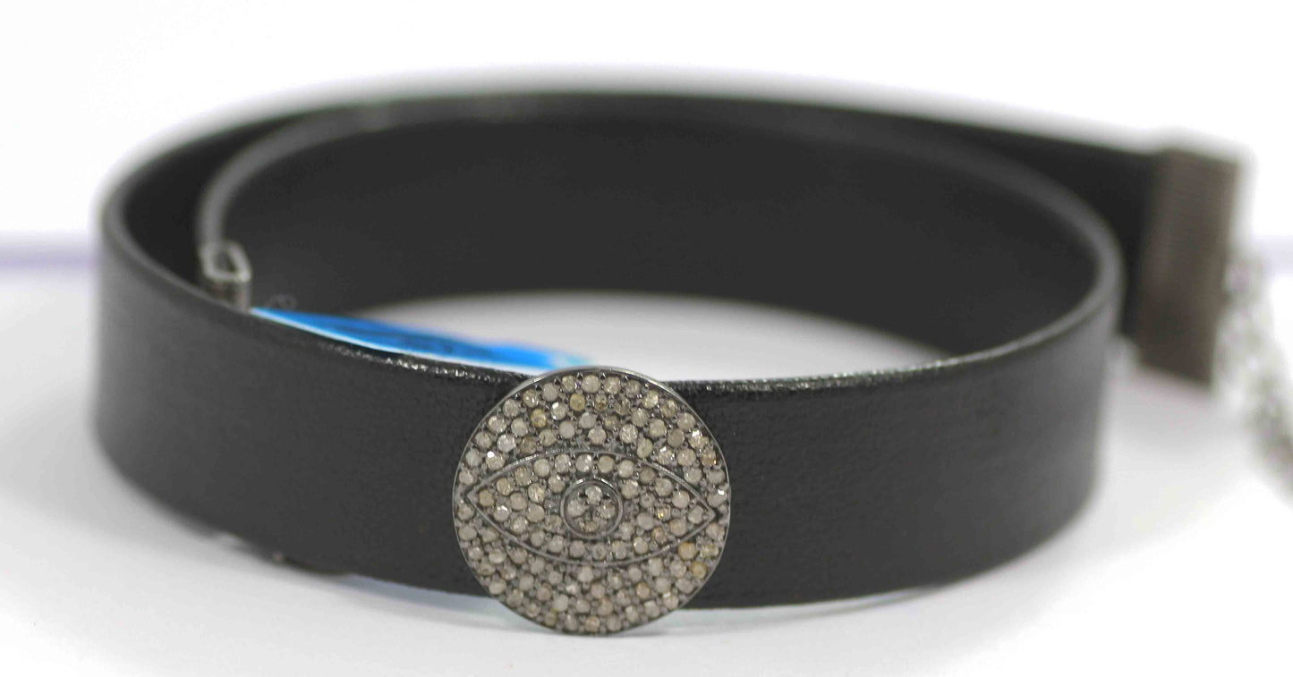 Evil Eye Shape Leather Choker Necklaces With Pave Diamond. 925 Oxidized Sterling Silver Diamond necklaces, Genuine handmade pave diamond necklaces.