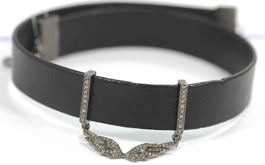 Wings Shape Leather Choker Necklaces With Pave Diamond. 925 Oxidized Sterling Silver Diamond necklaces, Genuine handmade pave diamond necklaces.