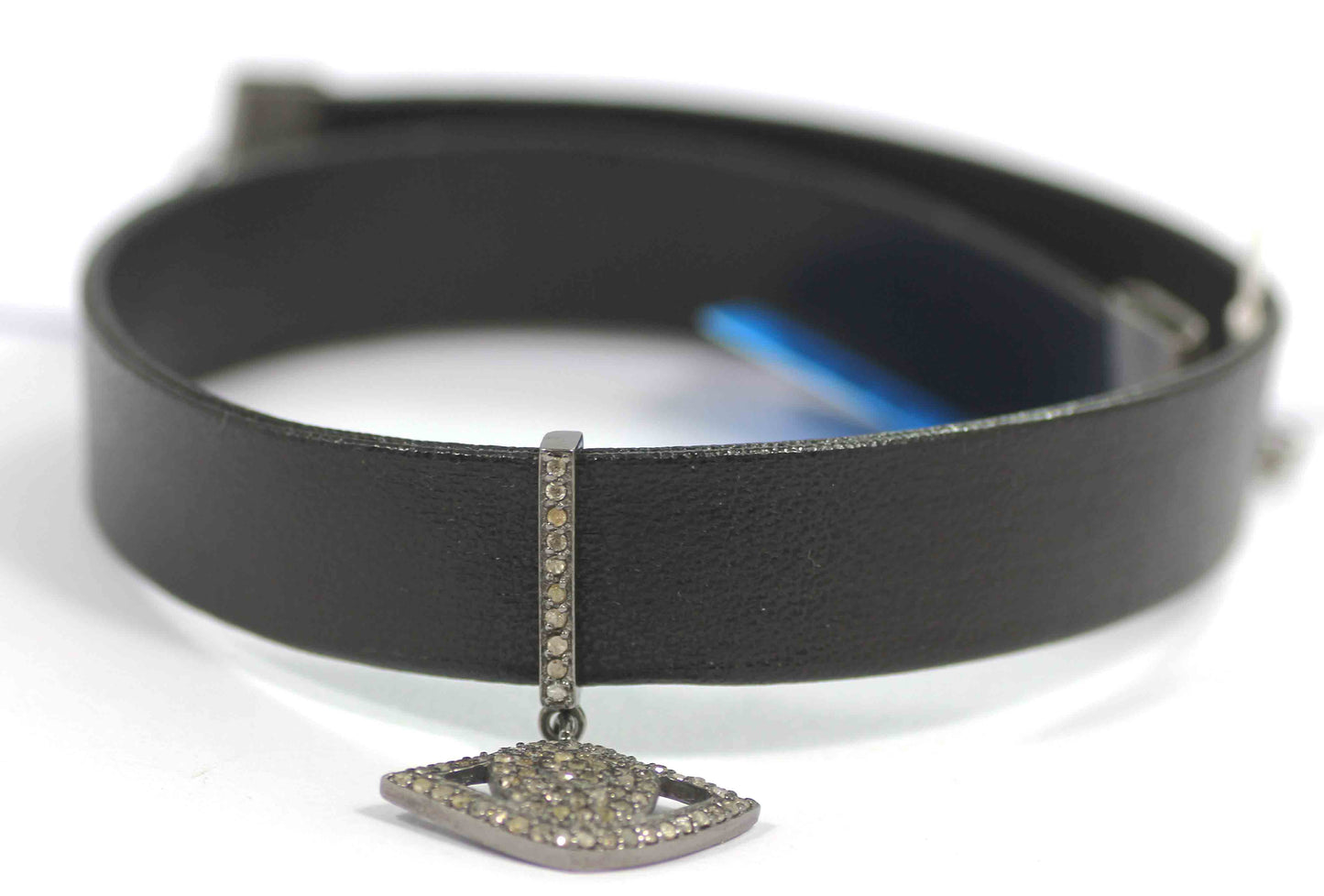 Evil Eye Leather Choker Necklaces With Pave Diamond. 925 Oxidized Sterling Silver Diamond necklaces, Genuine handmade pave diamond necklaces.
