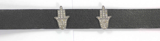 Hamsa Hand Shape Leather Choker Necklaces With Pave Diamond. 925 Oxidized Sterling Silver Diamond necklaces, Genuine handmade pave diamond necklaces.