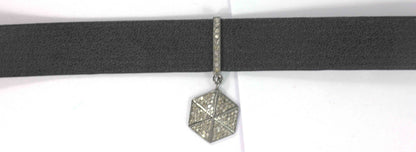 Leather Choker Necklaces With Pave Diamond. 925 Oxidized Sterling Silver Diamond necklaces, Genuine handmade pave diamond necklaces.