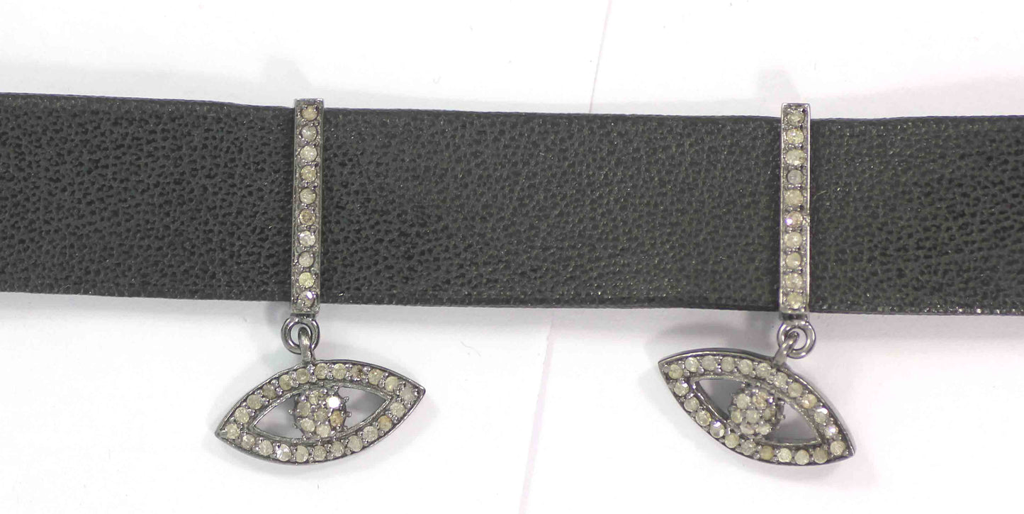 Evil Eye Leather Choker Necklaces With Pave Diamond. 925 Oxidized Sterling Silver Diamond necklaces, Genuine handmade pave diamond necklaces.