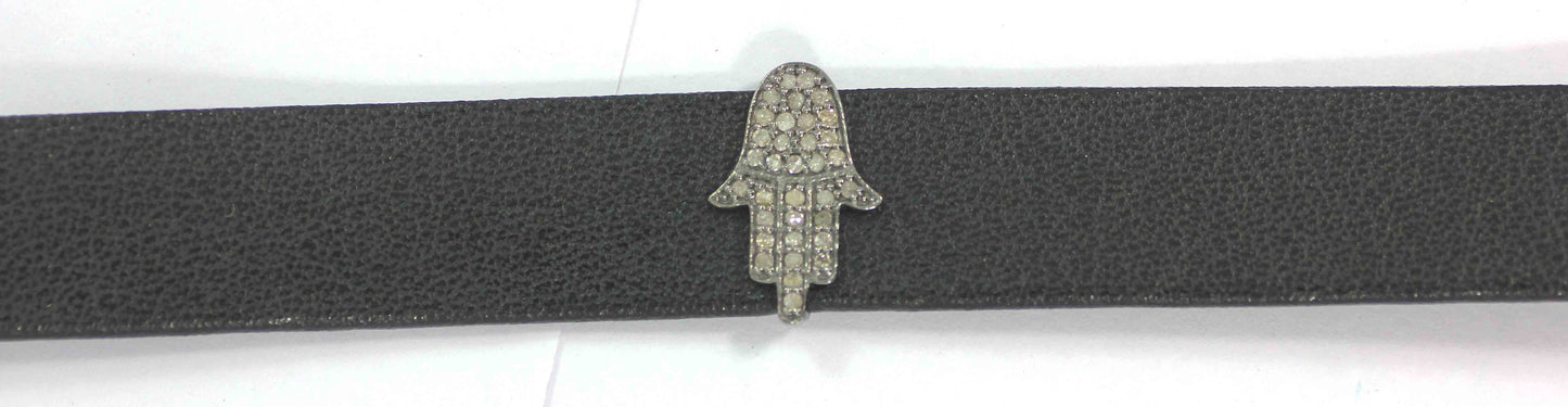 Hamsa Hand Shape Leather Choker Necklaces With Pave Diamond. 925 Oxidized Sterling Silver Diamond necklaces, Genuine handmade pave diamond necklaces.