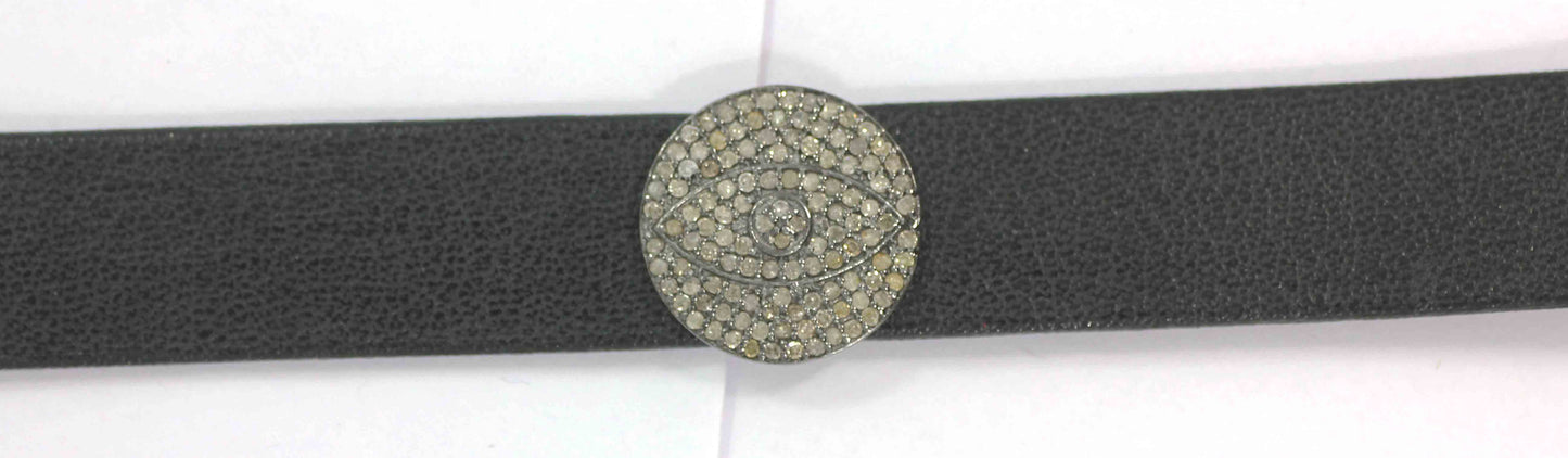 Evil Eye Shape Leather Choker Necklaces With Pave Diamond. 925 Oxidized Sterling Silver Diamond necklaces, Genuine handmade pave diamond necklaces.