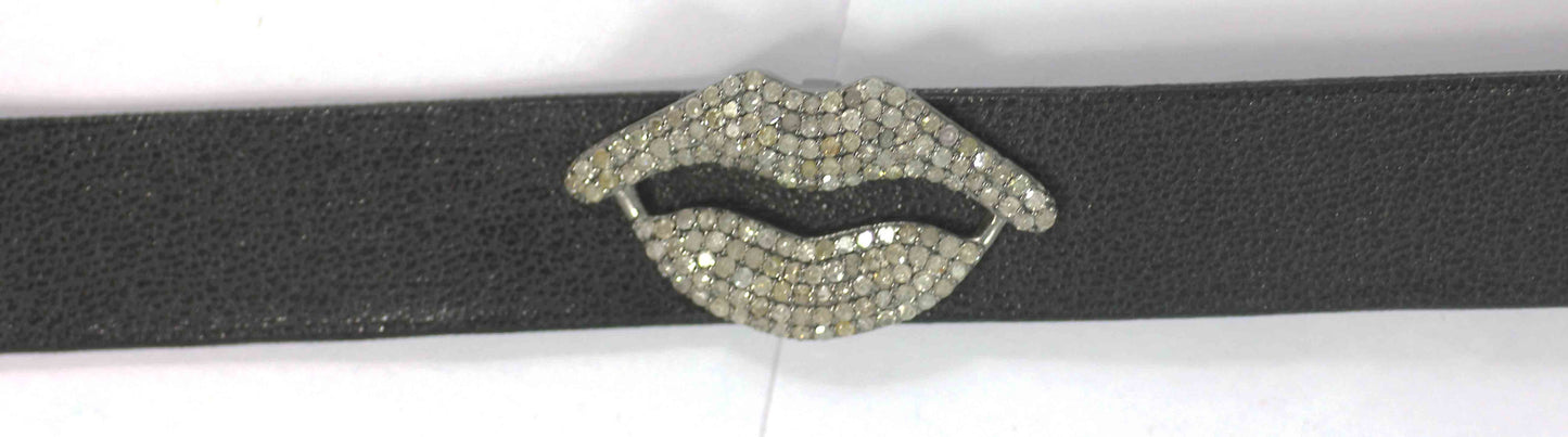 Lips Shape Leather Choker Necklaces With Pave Diamond. 925 Oxidized Sterling Silver Diamond necklaces, Genuine handmade pave diamond necklaces.