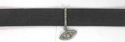 Evil Eye Leather Choker Necklaces With Pave Diamond. 925 Oxidized Sterling Silver Diamond necklaces, Genuine handmade pave diamond necklaces.