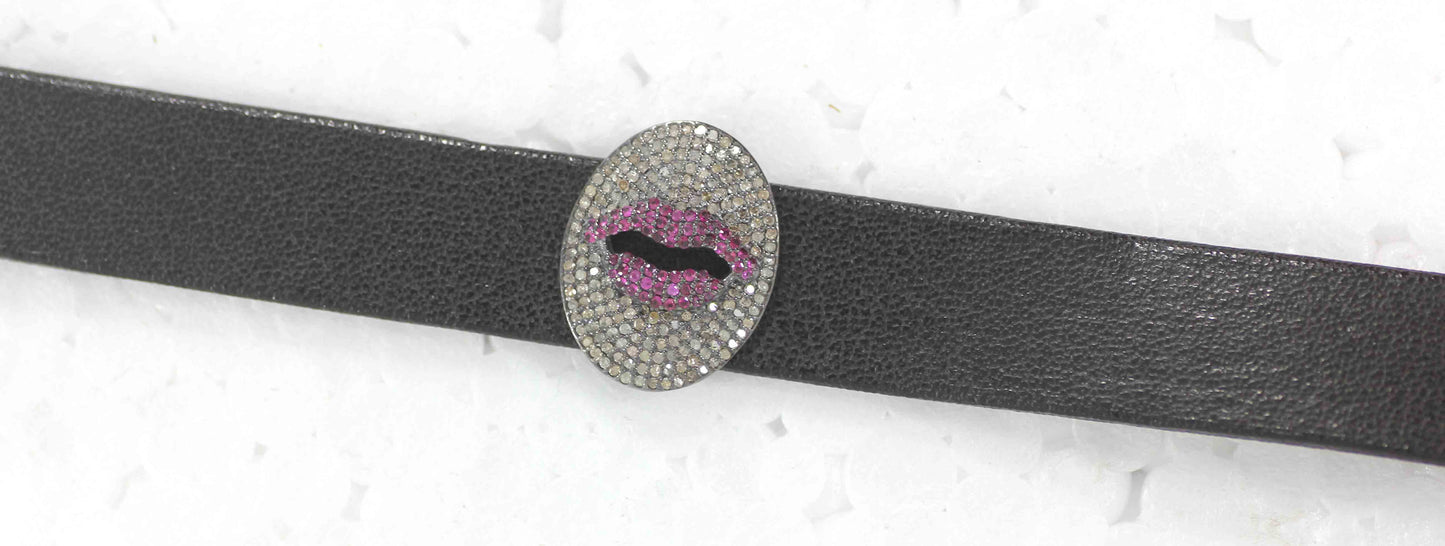 Leather Choker Necklaces With Pave Diamond. 925 Oxidized Sterling Silver Diamond necklaces, Genuine handmade pave diamond necklaces.