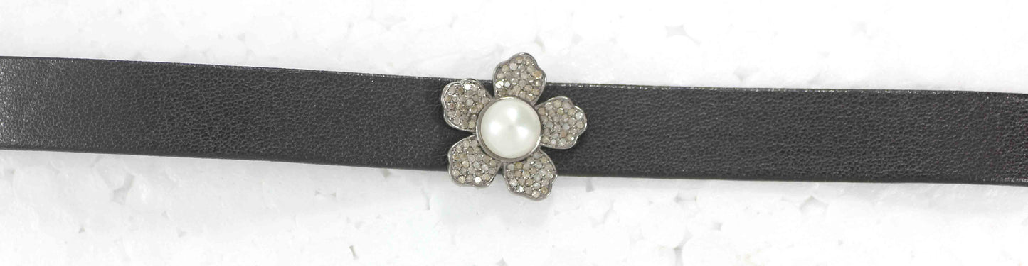 Flower Shape Leather Choker Necklaces With Pave Diamond. 925 Oxidized Sterling Silver Diamond necklaces, Genuine handmade pave diamond necklaces.
