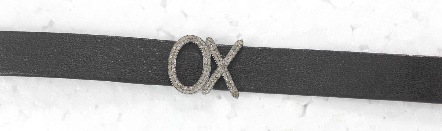 XO Leather Choker Necklaces With Pave Diamond. 925 Oxidized Sterling Silver Diamond necklaces, Genuine handmade pave diamond necklaces.