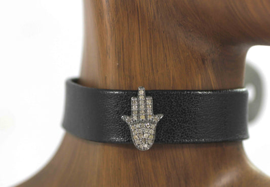 Hamsa Hand Shape Leather Choker Necklaces With Pave Diamond. 925 Oxidized Sterling Silver Diamond necklaces, Genuine handmade pave diamond necklaces.