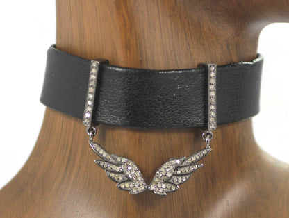 Wings Shape Leather Choker Necklaces With Pave Diamond. 925 Oxidized Sterling Silver Diamond necklaces, Genuine handmade pave diamond necklaces.