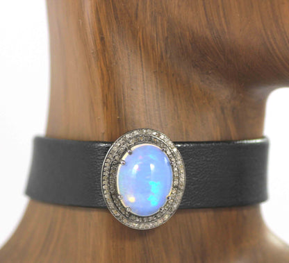 Oval Shape Leather Choker Necklaces With Pave Diamond. 925 Oxidized Sterling Silver Diamond necklaces, Genuine handmade pave diamond necklaces.