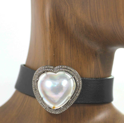 Leather Choker Necklaces With Pave Diamond. 925 Oxidized Sterling Silver Diamond necklaces, Genuine handmade pave diamond necklaces.