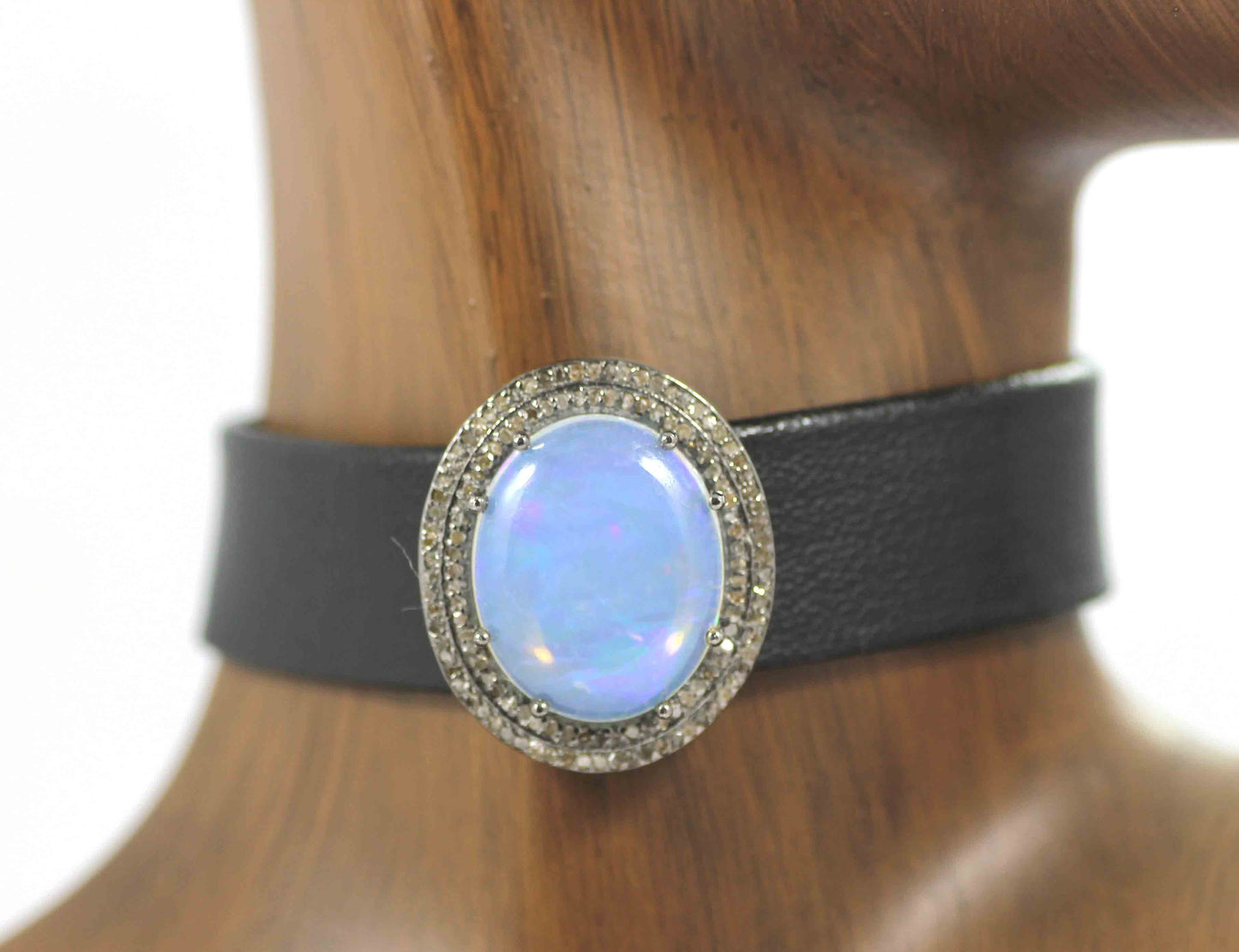 Leather Choker Necklaces With Pave Diamond. 925 Oxidized Sterling Silver Diamond necklaces, Genuine handmade pave diamond necklaces. Size