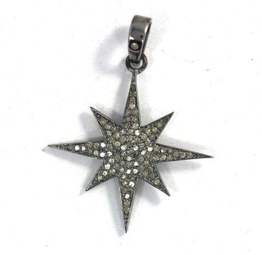 Star Shape Diamond Pendant .925 Oxidized Sterling Silver Diamond Pendant, Genuine handmade pave diamond Pendant.