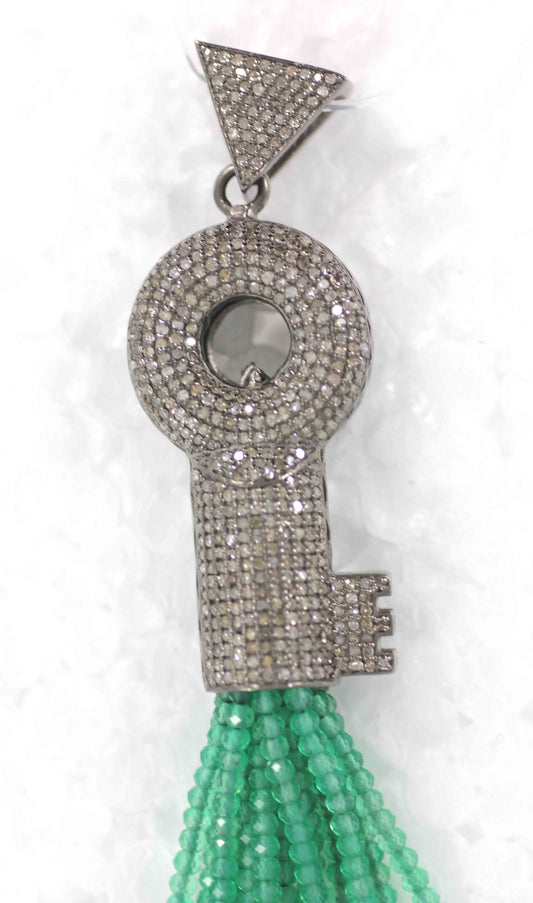 Key Shape Diamond And Green Onyx Tassel Necklace