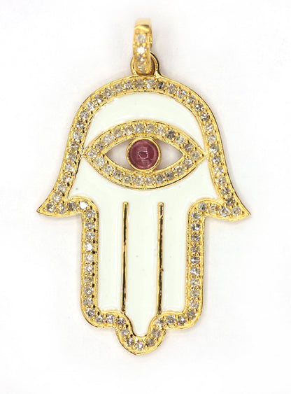 Hamsa Hand Shape 14k Solid Gold Diamond Pendants.