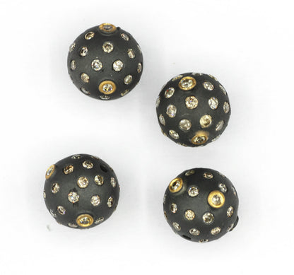 Round Pave Diamond Bead .925 Oxidized Sterling Silver Diamond Beads, Genuine handmade pave diamond Beads.