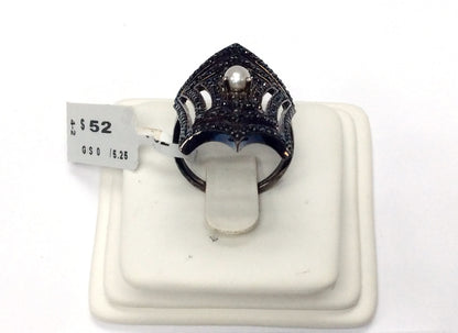 Black Spinel Ring With Pearl .925 Oxidized Sterling Silver Black Spinal Ring, Genuine handmade pave Black Spinal Ring Size Approx(21x36 mm)