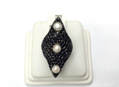 Black Spinel Ring With Pearl .925 Oxidized Sterling Silver Black Spinal Ring, Genuine handmade pave Black Spinal Ring Size Approx(20x38 mm)