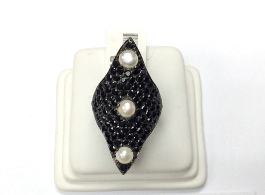Black Spinel Ring With Pearl .925 Oxidized Sterling Silver Black Spinal Ring, Genuine handmade pave Black Spinal Ring Size Approx(20x38 mm)