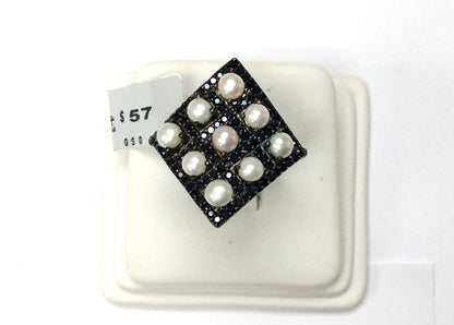 Black Spinel Ring With Pearl .925 Oxidized Sterling Silver Black Spinal Ring, Genuine handmade pave Black Spinal Ring Size Approx(25x27 mm)