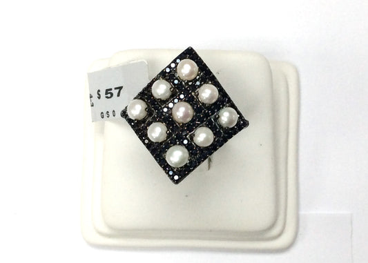 Black Spinel Ring With Pearl .925 Oxidized Sterling Silver Black Spinal Ring, Genuine handmade pave Black Spinal Ring Size Approx(25x27 mm)