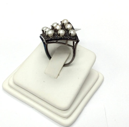 Black Spinel Ring With Pearl .925 Oxidized Sterling Silver Black Spinal Ring, Genuine handmade pave Black Spinal Ring Size Approx(25x27 mm)