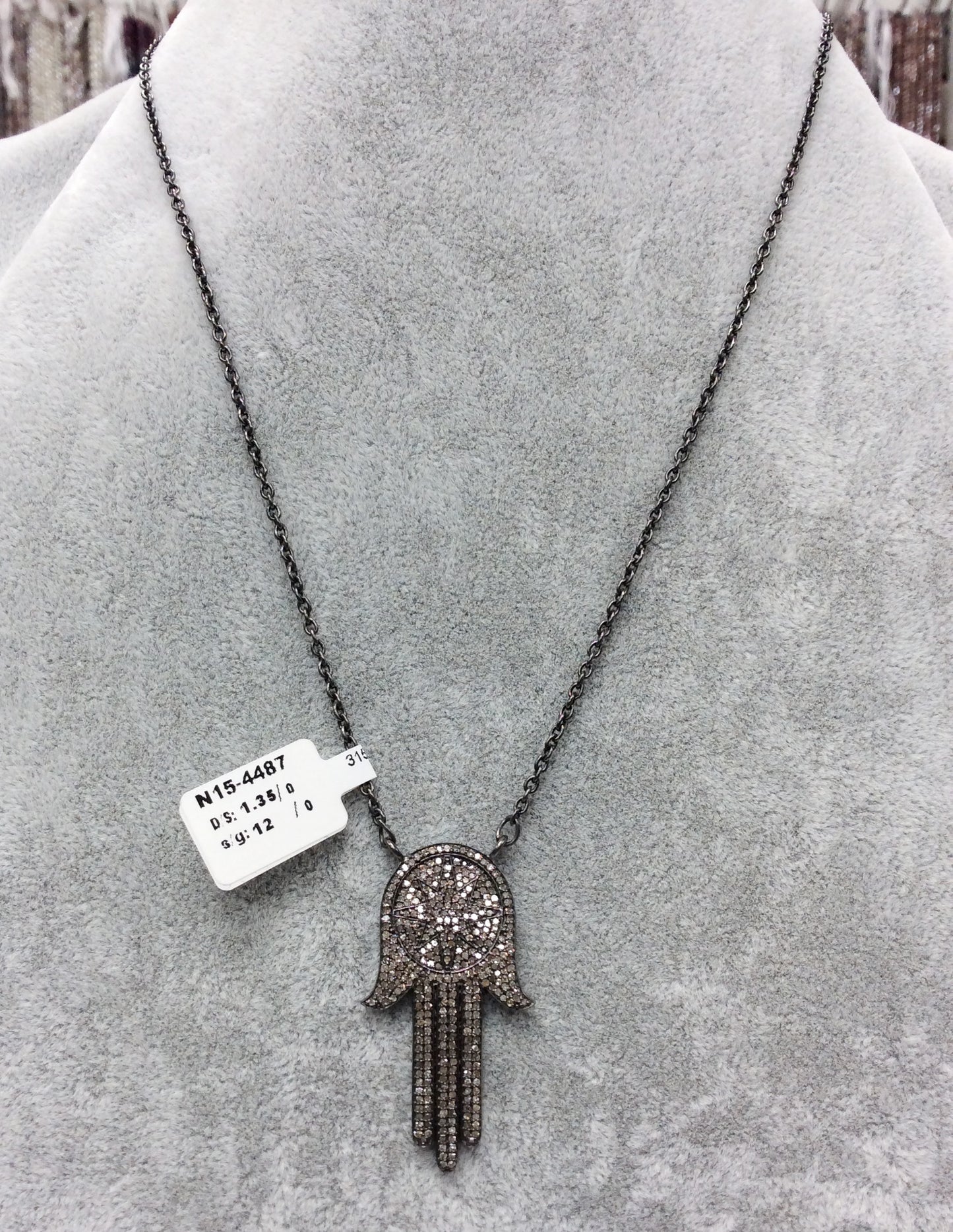 Hamsa Hand Diamond Necklace .925 Oxidized Sterling Silver Diamond Necklace, Genuine handmade pave diamond necklace Size Approx 1.60"(23 x 40 MM)
