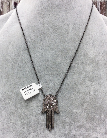 Hamsa Hand Diamond Necklace .925 Oxidized Sterling Silver Diamond Necklace, Genuine handmade pave diamond necklace Size Approx 1.60"(23 x 40 MM)