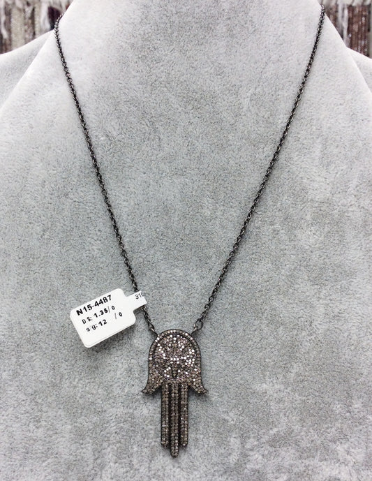 Hamsa Hand Diamond Necklace .925 Oxidized Sterling Silver Diamond Necklace, Genuine handmade pave diamond necklace Size Approx 1.60"(23 x 40 MM)