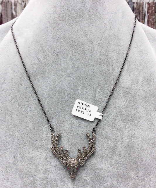 Deer Diamond Necklace .925 Oxidized Sterling Silver Diamond Necklace, Genuine handmade pave diamond Necklace Size Approx 1.40"(35 MM)