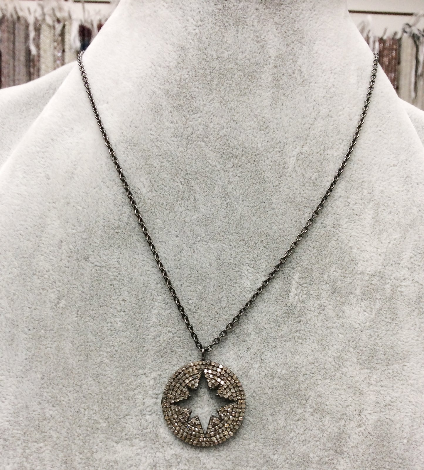Star on Disc Diamond Necklace .925 Oxidized Sterling Silver Diamond Necklace, Genuine handmade pave diamond Necklace Size Approx 1.40"(25 x 35 MM)