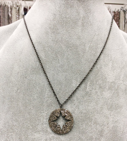 Star on Disc Diamond Necklace .925 Oxidized Sterling Silver Diamond Necklace, Genuine handmade pave diamond Necklace Size Approx 1.40"(25 x 35 MM)