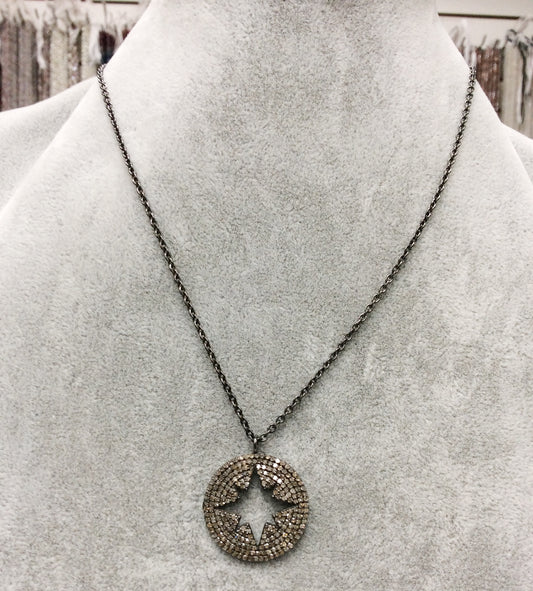 Star on Disc Diamond Necklace .925 Oxidized Sterling Silver Diamond Necklace, Genuine handmade pave diamond Necklace Size Approx 1.40"(25 x 35 MM)