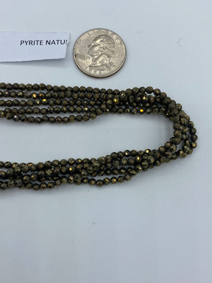 PYRITE NATURAL BEADS ROUND FACETED 3-4MM