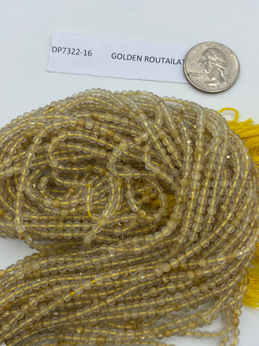 Quartz, GOLDEN ROUTAILATED BEADS ROUND FACETED 3-4MM