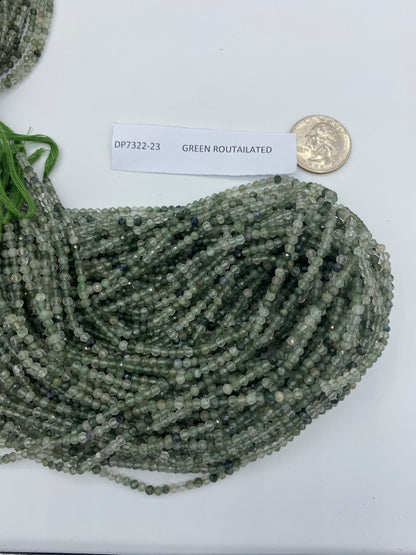 Quartz, GREEN ROUTAILATED QUARTZ BEADS ROUND FACETED 3-4MM