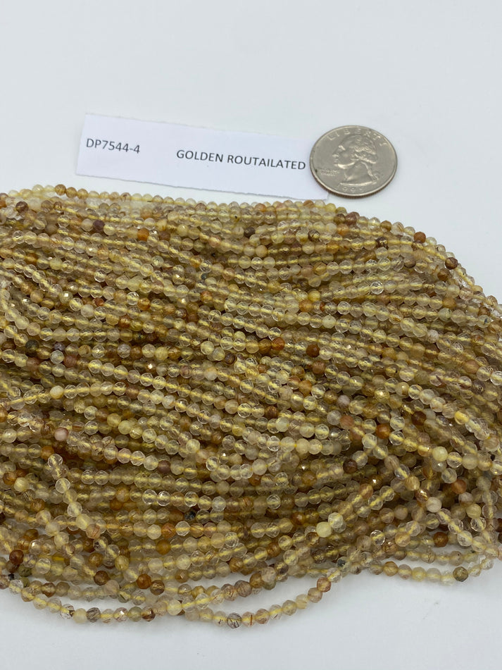 Quartz, GOLDEN ROUTAILATED BEADS ROUND FACETED 3-4MM