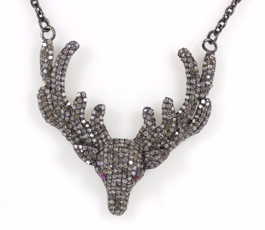 Deer Diamond Necklace .925 Oxidized Sterling Silver Diamond Necklace, Genuine handmade pave diamond Necklace Size Approx 1.40"(35 MM)