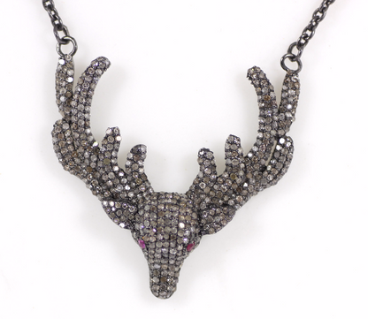 Deer Diamond Necklace .925 Oxidized Sterling Silver Diamond Necklace, Genuine handmade pave diamond Necklace Size Approx 1.40"(35 MM)