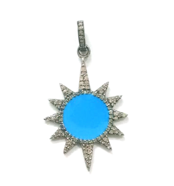 Enamel Sunburst Shape Diamond Pendant .925 Oxidized Sterling Silver Diamond Pendant, Genuine handmade pave diamond Charm Size 35x25 MM