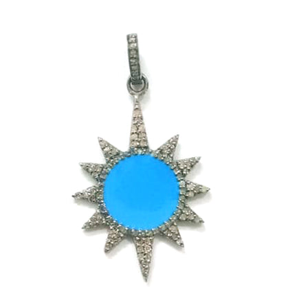 Enamel Sunburst Shape Diamond Pendant .925 Oxidized Sterling Silver Diamond Pendant, Genuine handmade pave diamond Charm Size 35x25 MM