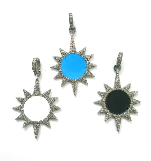 Enamel Sunburst Shape Diamond Pendant .925 Oxidized Sterling Silver Diamond Pendant, Genuine handmade pave diamond Charm Size 35x25 MM