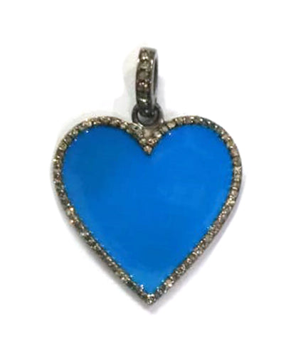 Enamel Heart Shape Diamond Pendant .925 Oxidized Sterling Silver Diamond Pendant, Genuine handmade pave diamond Charm Size 24 MM