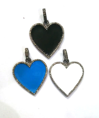 Enamel Heart Shape Diamond Pendant .925 Oxidized Sterling Silver Diamond Pendant, Genuine handmade pave diamond Charm Size 24 MM