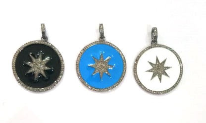 Enamel Round Shaped Diamond Pendant .925 Oxidized Sterling Silver Diamond Pendant, Genuine handmade pave diamond Charm Size 32 MM