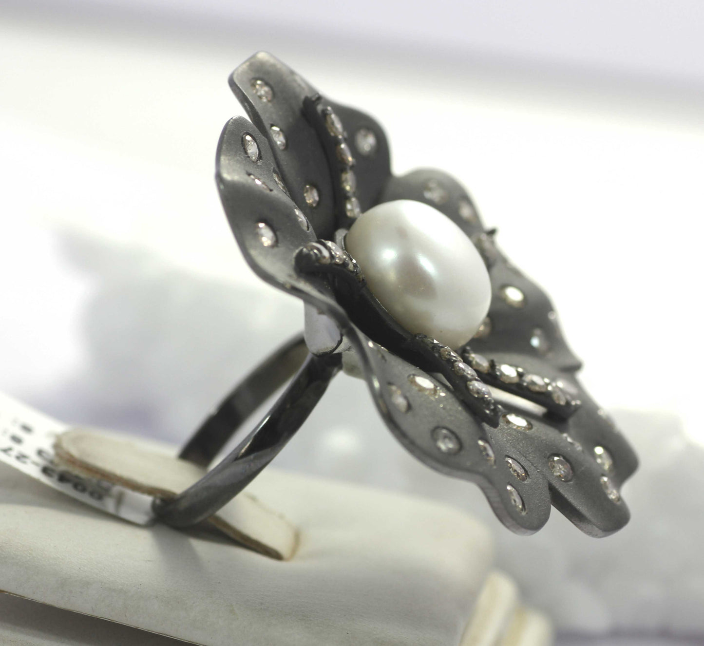 Flower Pave Diamond Ring .925 Oxidized Sterling Silver Diamond Ring, Genuine handmade pave diamond Ring Size Approx 1.20"(30 MM)