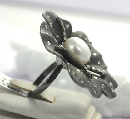 Flower Pave Diamond Ring .925 Oxidized Sterling Silver Diamond Ring, Genuine handmade pave diamond Ring Size Approx 1.20"(30 MM)