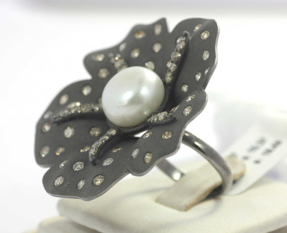 Flower Pave Diamond Ring .925 Oxidized Sterling Silver Diamond Ring, Genuine handmade pave diamond Ring Size Approx 1.20"(30 MM)